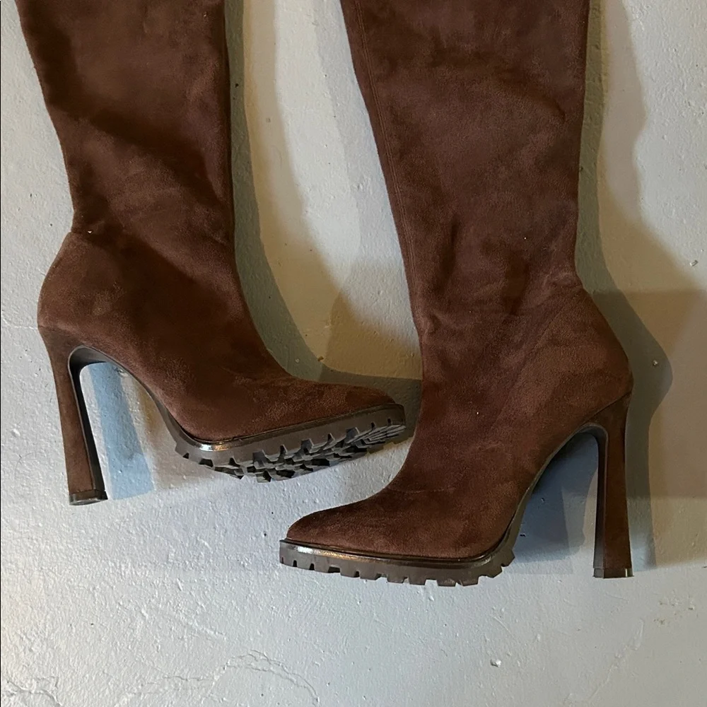JLo, Jennifer Lopez Elegant Brown Suede Stretch Over the Knee Women's Boots, 9M